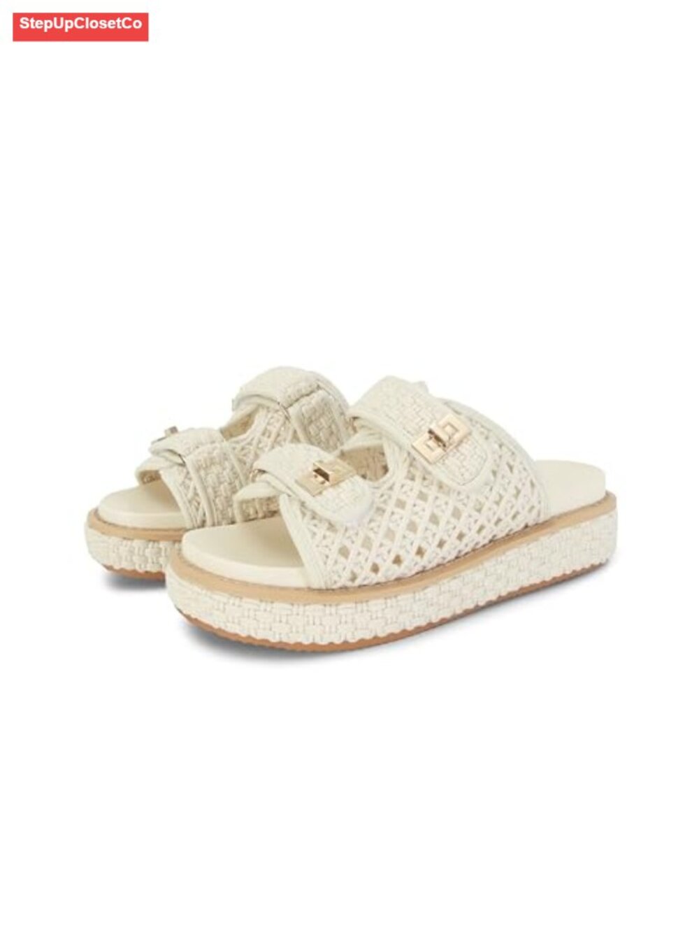 Raffia Platform Wedge Sandals with Double Buckle Slingback
